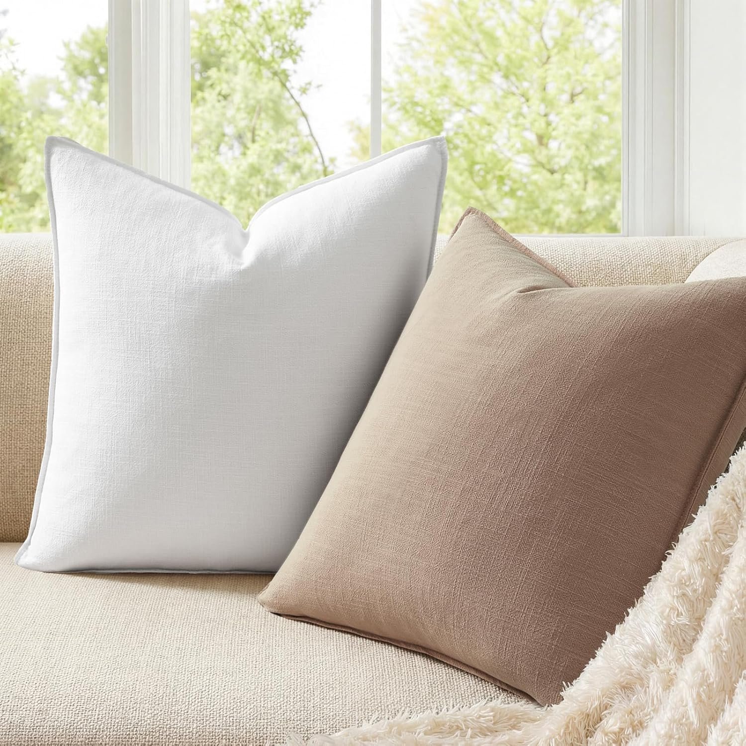 Pack of 4 Neutral Linen Pillow Covers 18×18 Cordinated Color Set for Easy Matching Boho Decorative Throw Cushion Covers with Flange for Sofa Living Room Bed and Balcony Home Decor