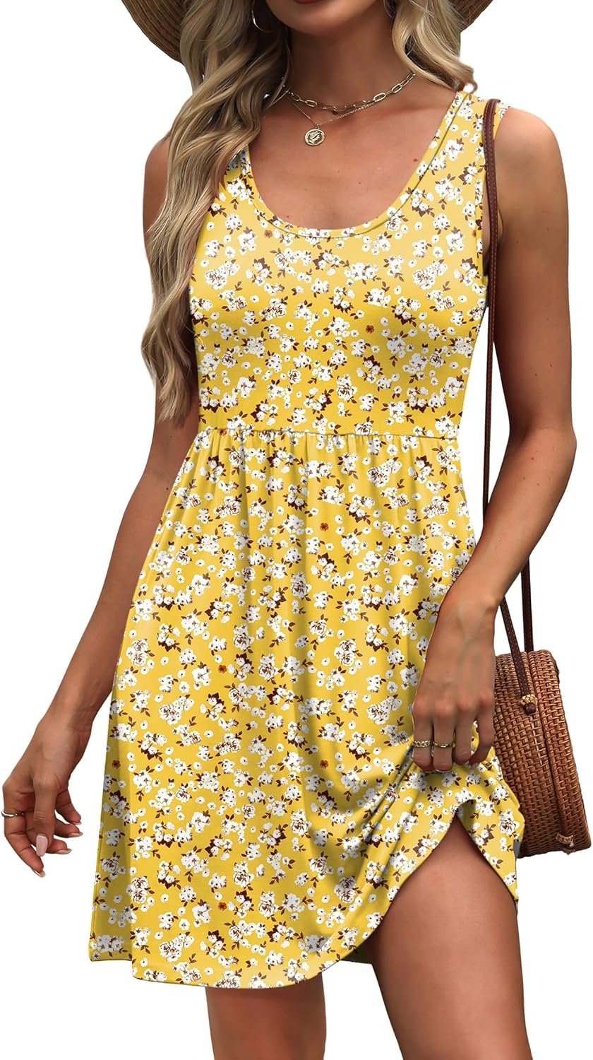 WIHOLL Women’s Summer Dress 2026 A-Line Sleeveless Casual Sundress with Pockets Floral/Solid