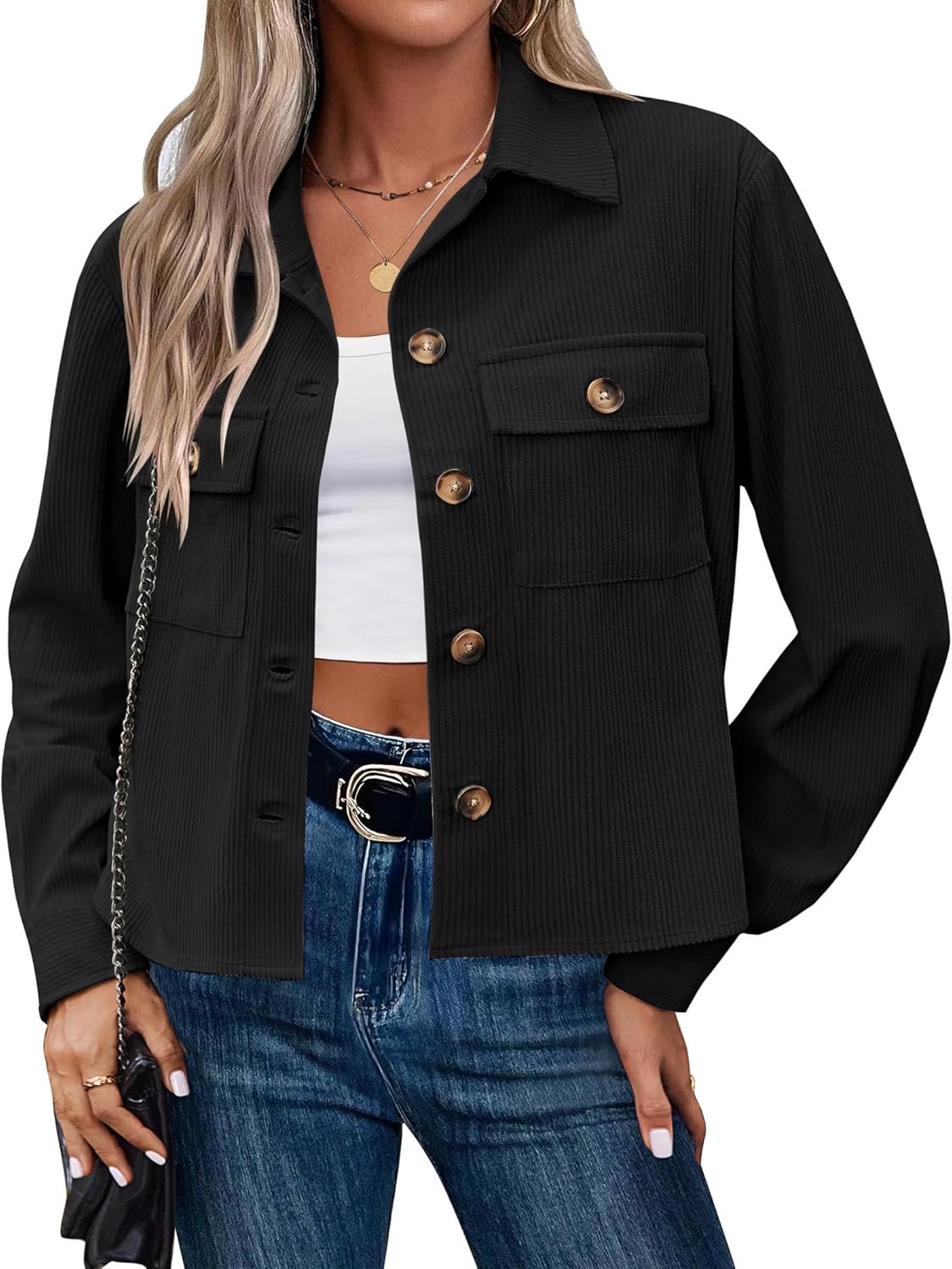 Zeagoo Womens Fashion Cropped Corduroy Shackets Button Down Jackets Tops Fall Trendy Lightweight Long Sleeve Shirts