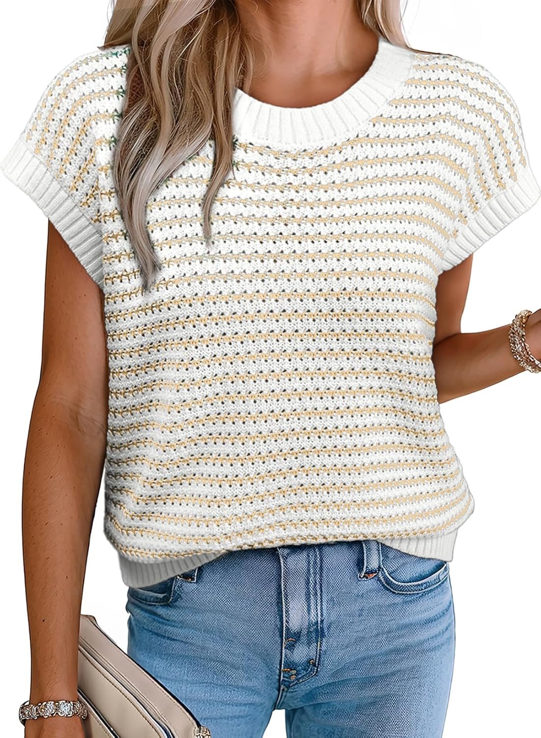 EVALESS Women’s Sweater Vest Striped Pullover Tank Top Round Neck Cap Sleeve Lightweight 2026 Summer Casual Clothes