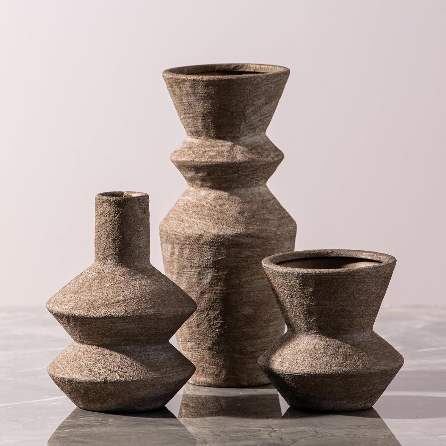 Ceramic Vase Home Table Decor – Brown Flower Vase Set of 3 Living Room Kitchen Decorations Farmhouse Modern Rustic Vases Decorative Centerpiece for Shelf Bedroom Office Bathroom Dining Coffee Desk
