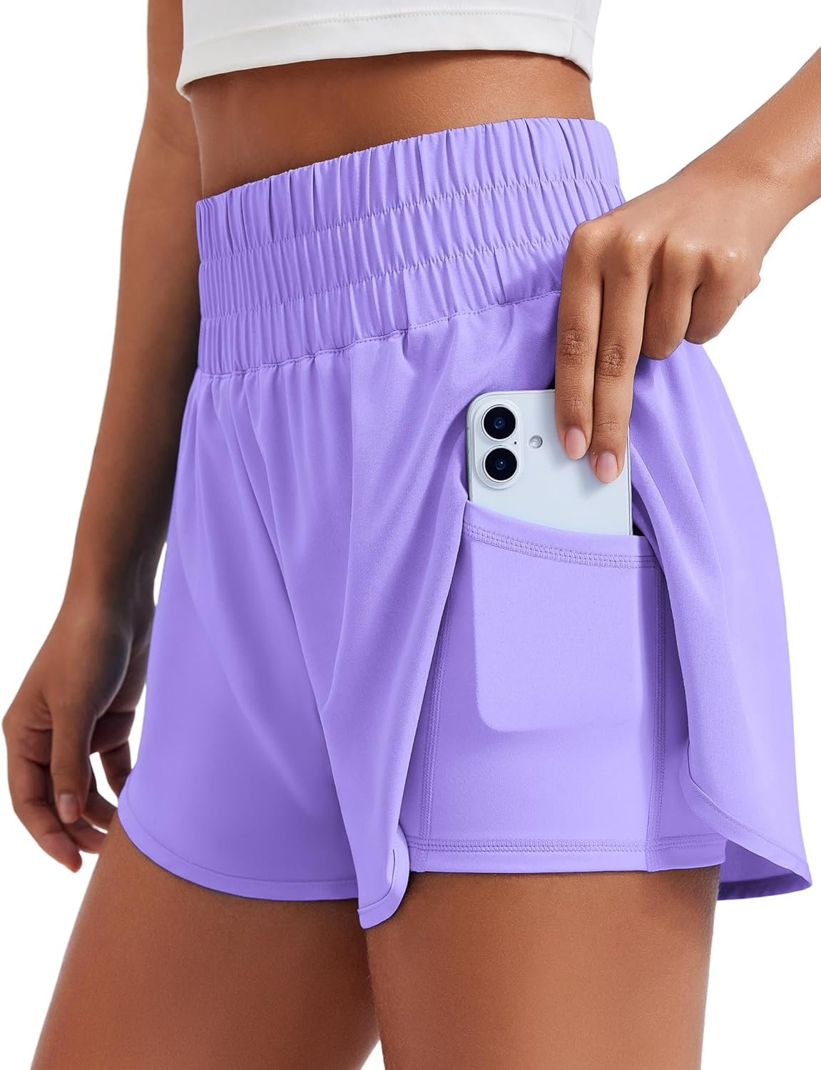 PINSPARK Women’s 2 in 1 Running Shorts High-Split Athletic Short High Waisted 3″ Liner Workout Gym Short with Pockets