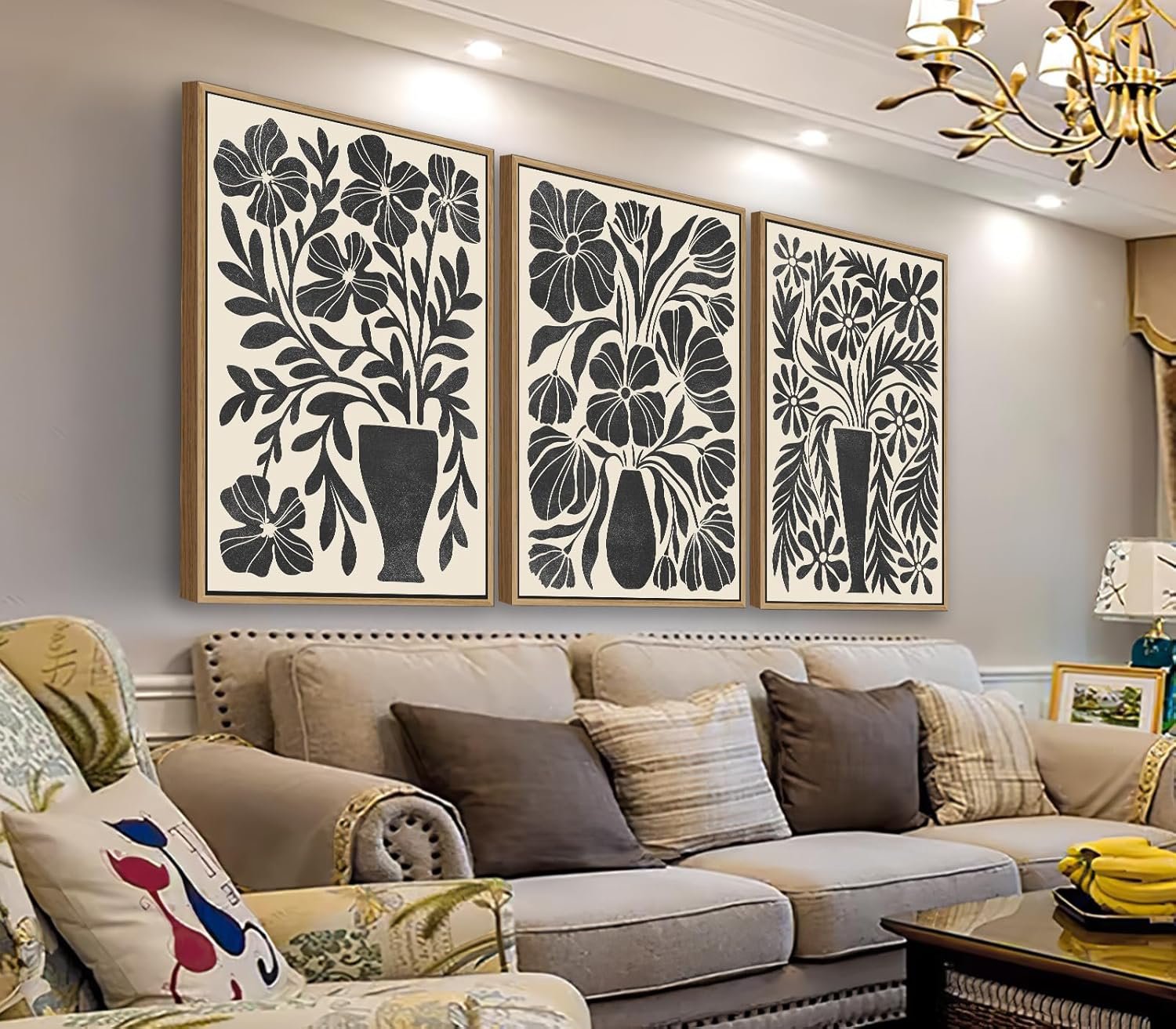 arteWOODS Botanical Framed Wall Art – Neutral Abstract Pictures Vintage Boho Floral Wall Decor Black Beige Minimalist Prints Aesthetic Vase Flowers Painting Artwork 16″ x 24″ Set of 3 Natural Framed