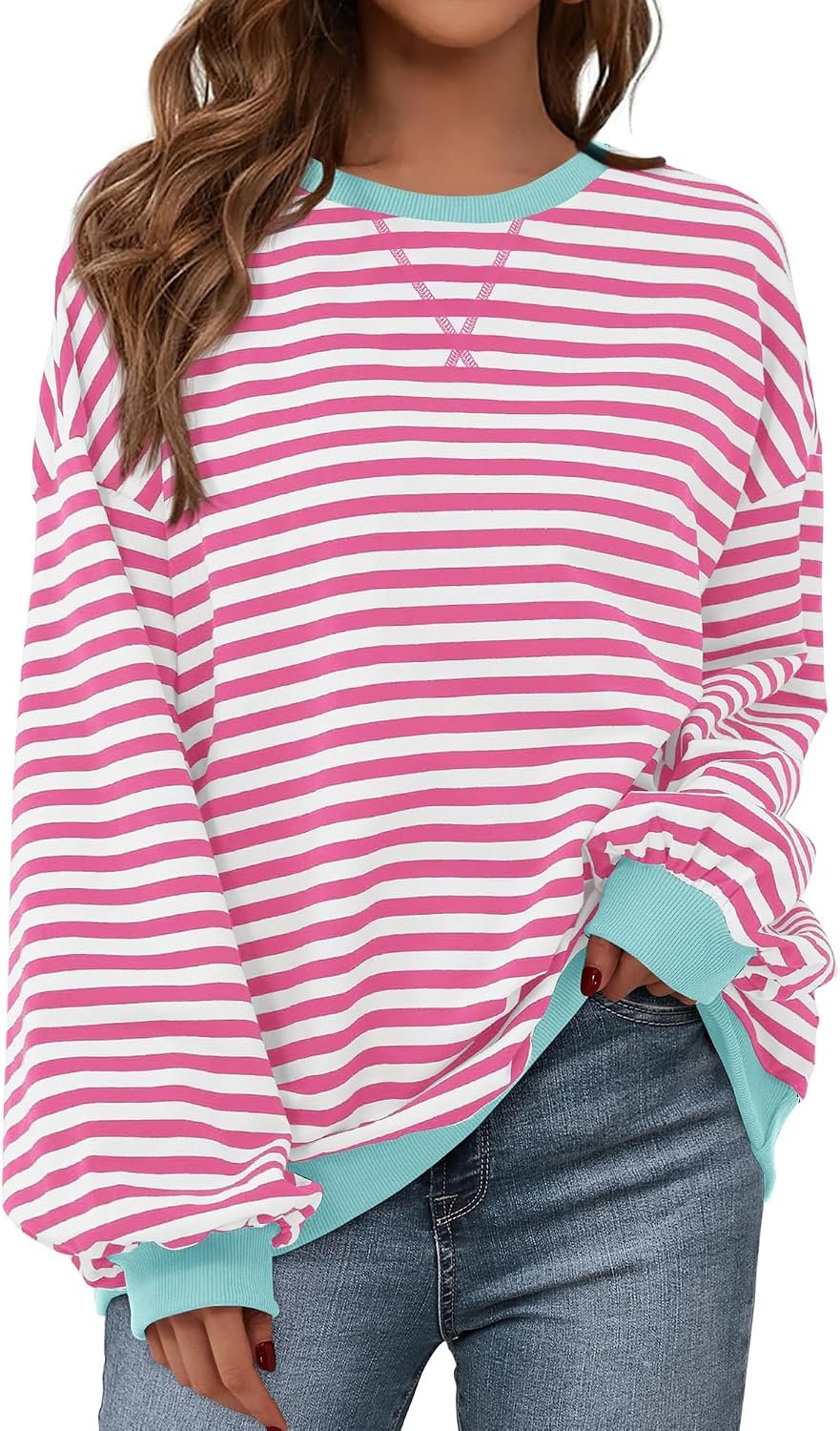 BTFBM Sweatshirt For Women 2026 Fall Crewneck Long Sleeve Oversized Striped Pullover Tops Y2K Clothes Workout Shirt