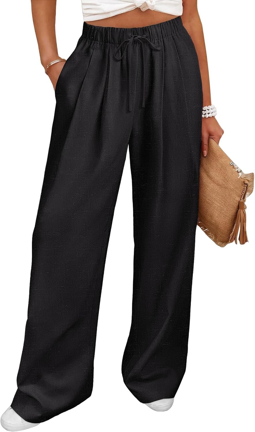 ANRABESS Women Wide Leg Linen Palazzo Pants Casual Elastic Waist Drawstring Flowy Loose Beach Travel Trousers with Pockets