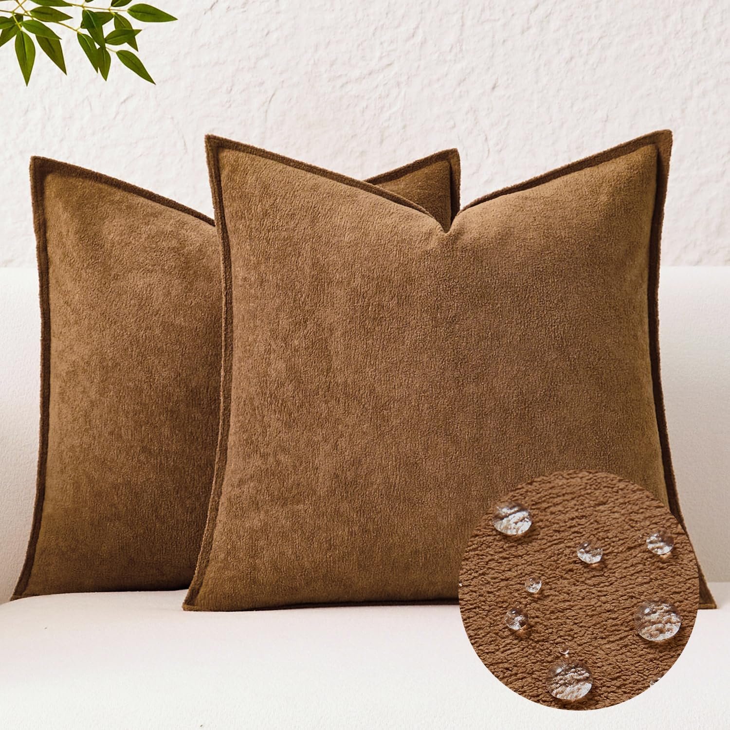 Kevin Textile Waterproof Decorative Pillow Covers Brown 18×18 Inch Pack of 2 Soft Boucle Textured Throw Pillowcases Elegant Accent Pillows for Couch Sofa Chair Bed Home Decor Indoor Outdoor