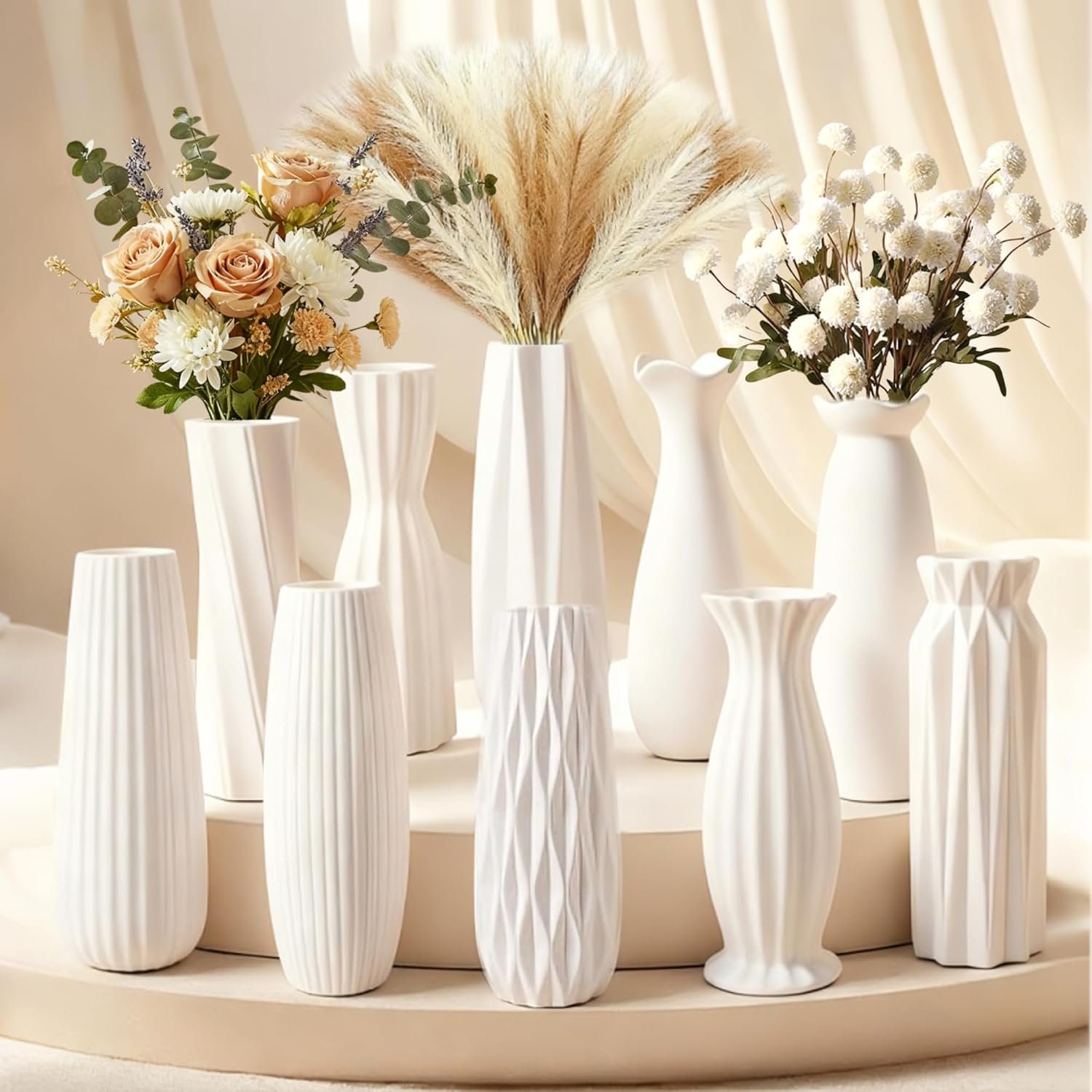 10-Piece 8 Inch White Ceramic Vases Set – Minimalist White Vases for Home Decor, Weddings, Pampas Grass & DIY Crafts | Rustic Matte White Ceramic Vases Bulk