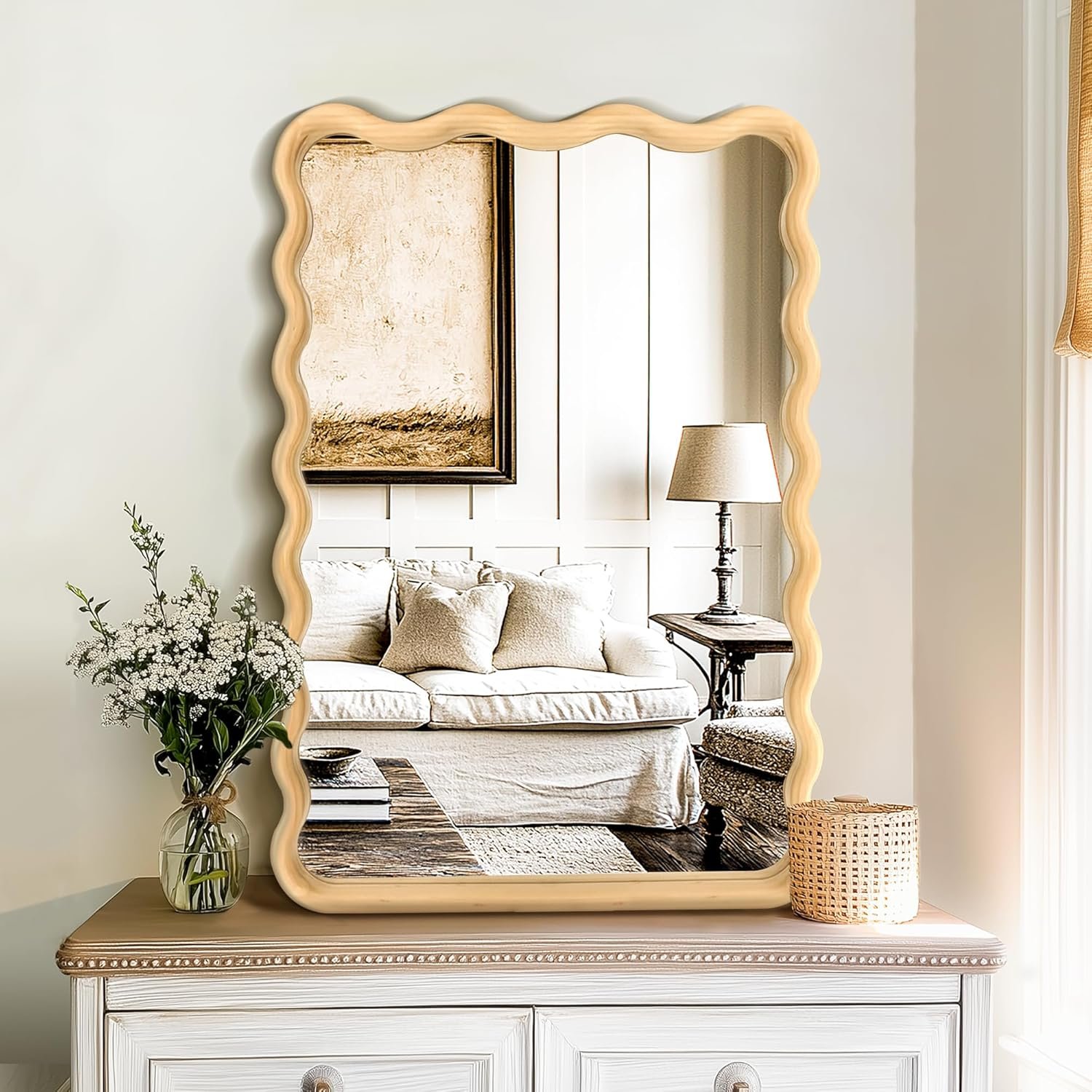 Bathroom Mirror for Wall, 20″x30″ Boho Wavy Wood Mirror Large Full Length Decorative Mirror with Tempered Glass, Natural Wooden Frame Vanity Mirror for Bedroom, Living Room, Entryway