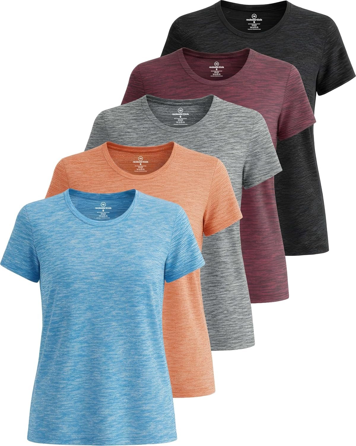 Real Essentials 5 Pack: Women’s Short Sleeve T-Shirts Workout Tops Fitness Pilates Gym Activewear Athletic (Plus Available)