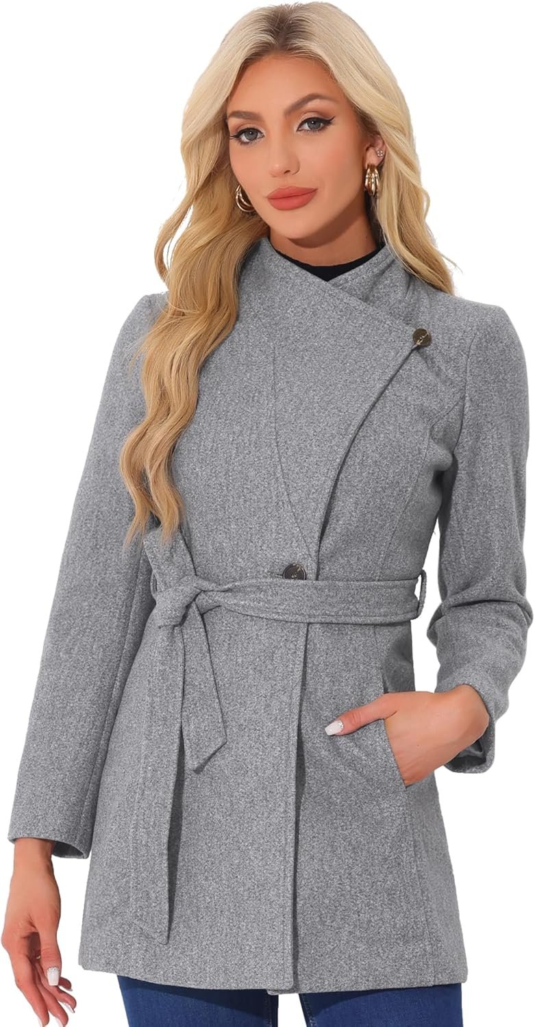 Allegra K Women’s Classic Stand Collar Outwear Overcoat Long Sleeve Winter Belted Pea Coat