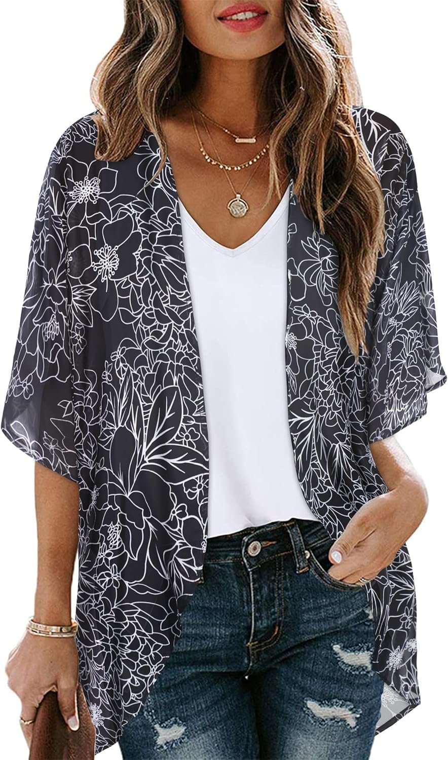 Women’s Floral Print Puff Sleeve Kimono Cardigan Loose Cover Up Casual Blouse Tops 2026