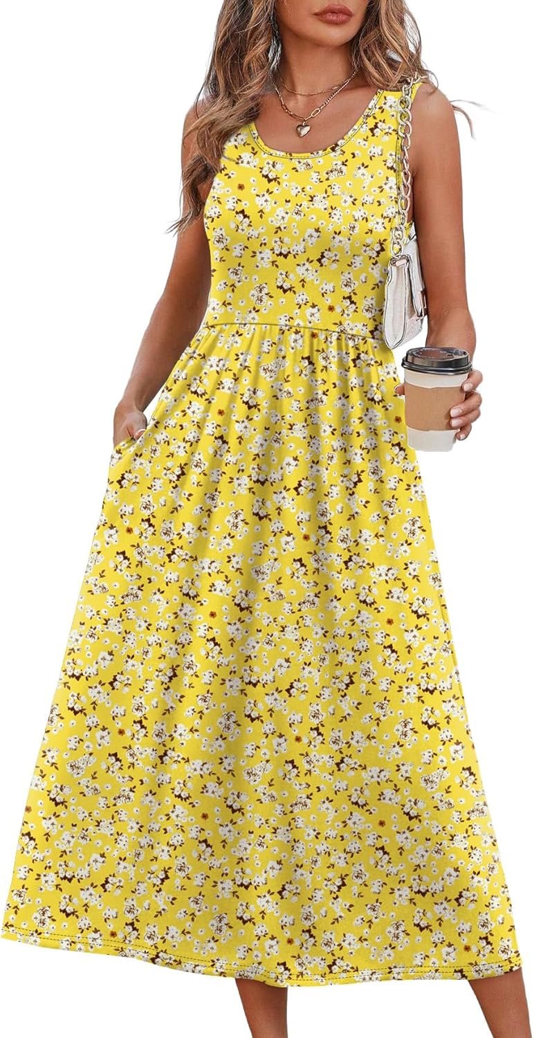 WIHOLL Summer Dresses for Women Flowy Casual Midi Dress Beach Vacation Sundresses with Pockets