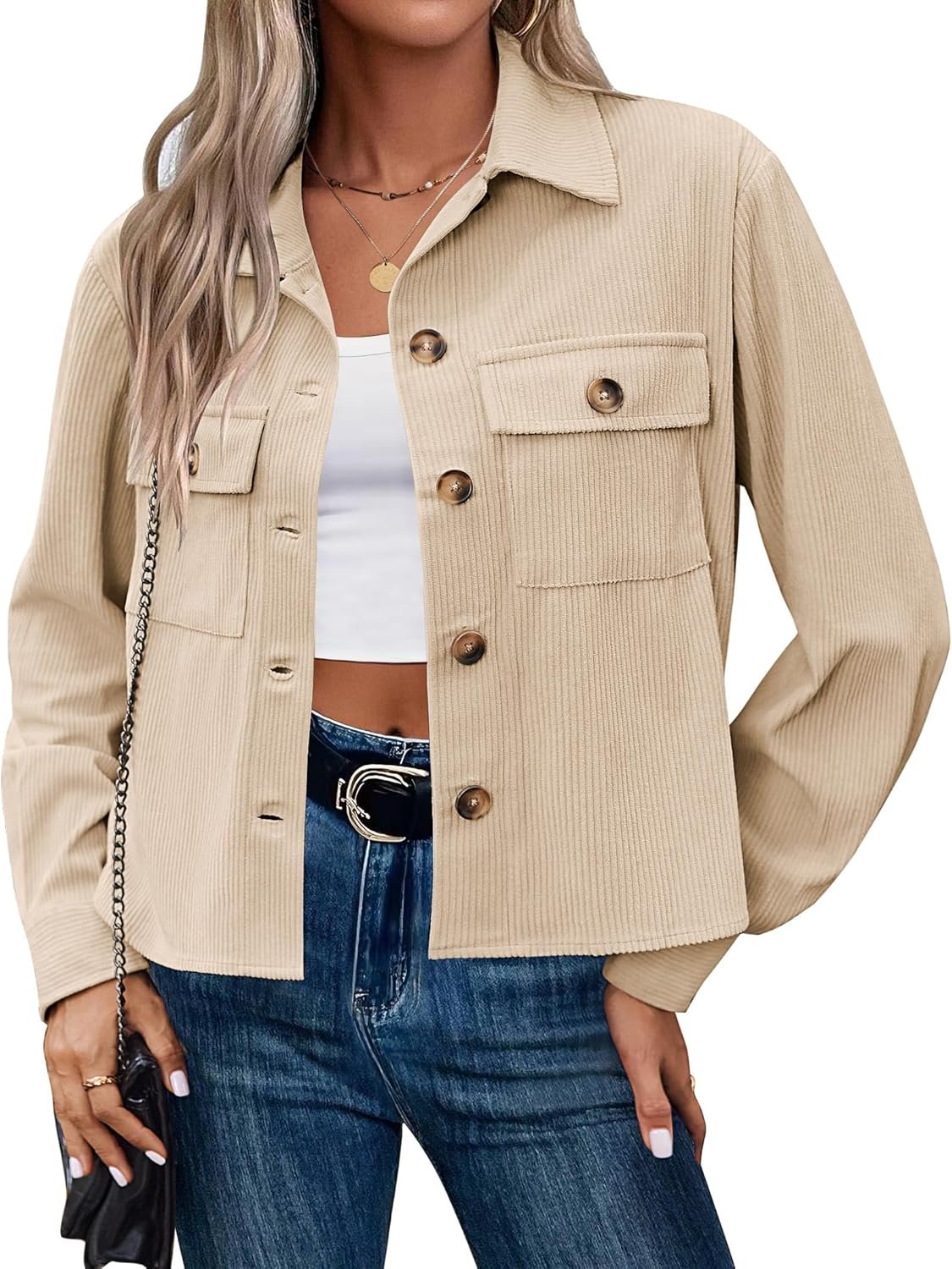 Zeagoo Womens Fashion Cropped Corduroy Shackets Button Down Jackets Tops Fall Trendy Lightweight Long Sleeve Shirts