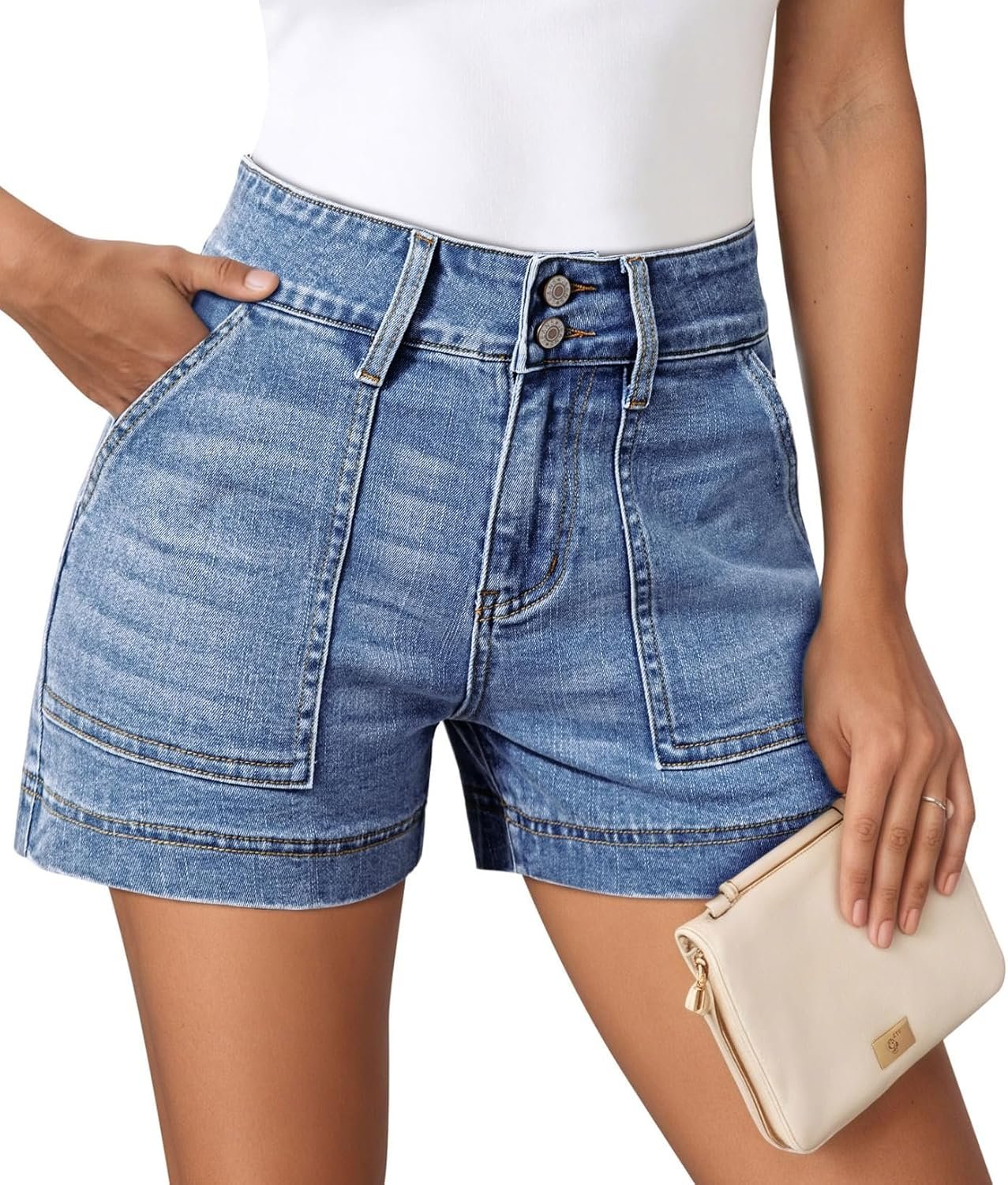 Pink Queen Women’s High Waisted Denim Shorts 2026 Casual Summer Hot Short Jeans Vintage Patch Pocket Jeans Shorts