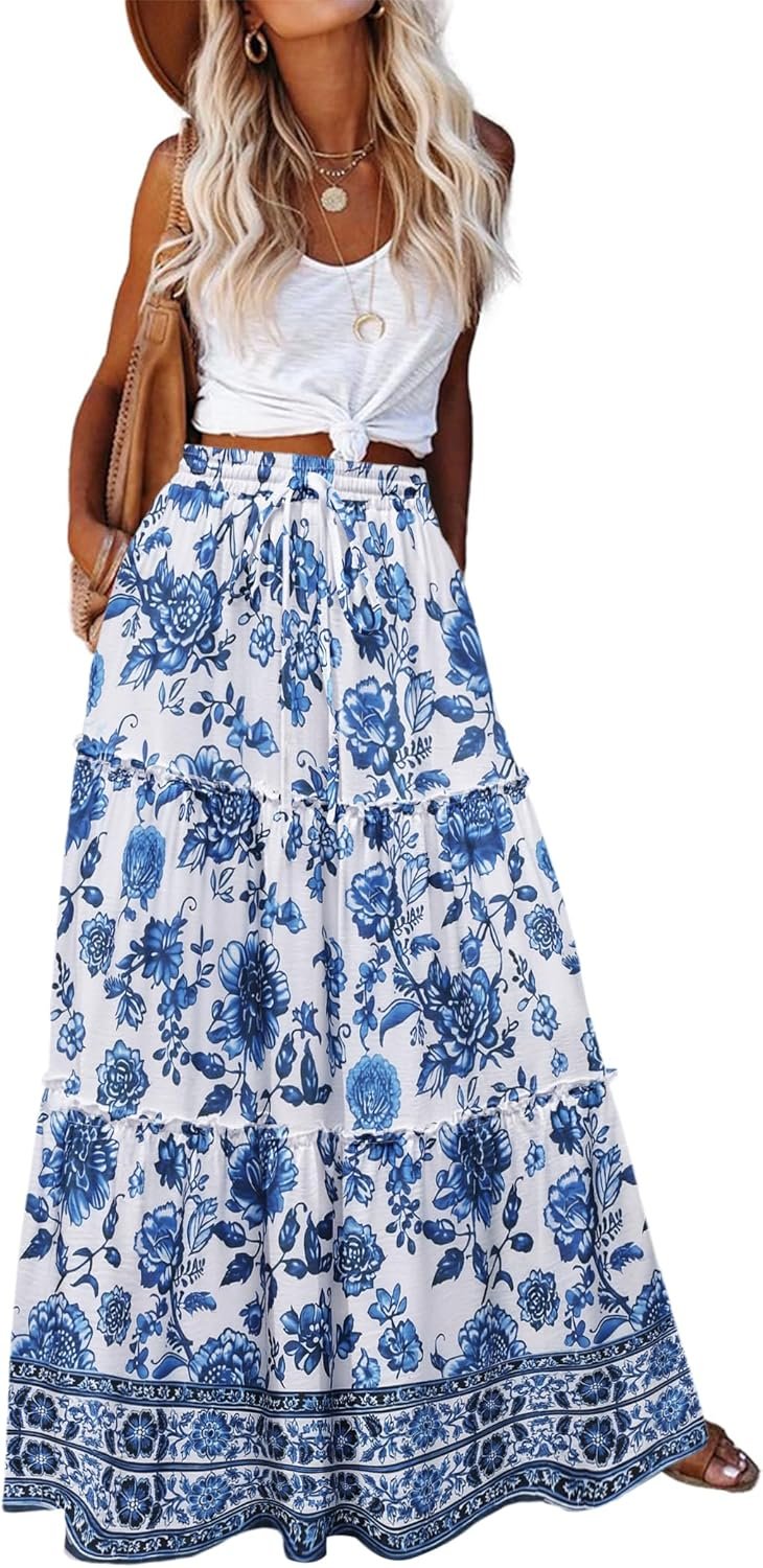 Zeagoo Womens Casual Maxi Skirts for Women 2026 High Waist Boho Skirts Floral Printed Long Flowy Skirt with Pockets