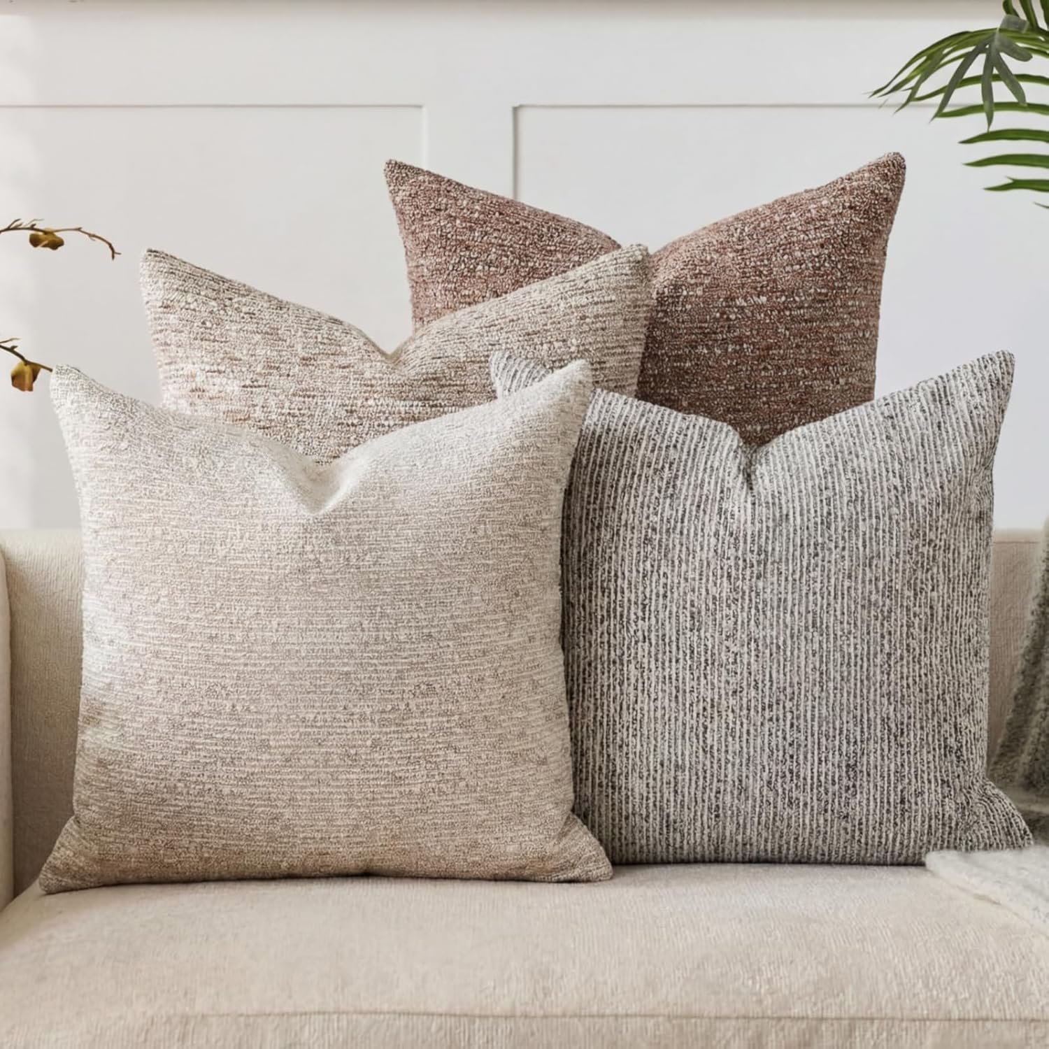 Tegeme 4 Pack Boucle Throw Pillow Covers 18×18 Inch Boho Accent Farmhouse Square Decorative Pillow Covers Cozy Soft Couch Cushion Case for Home Decor Bed Sofa Living Room