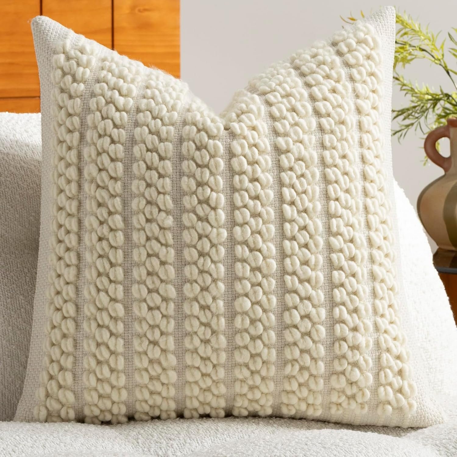 DEZENE Wool Boucle Throw Pillow Cover Premium Chic Accents Square Textured Decorative Pillow Case for Living Room Couch Sofa Home Decor 18″x18″ Beige