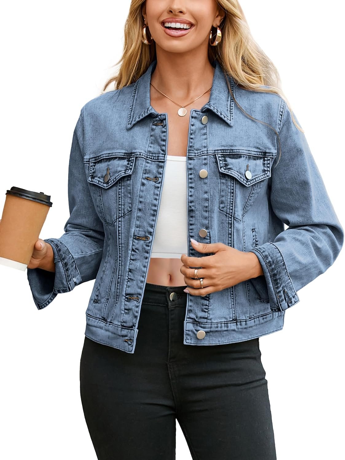 Glamaker Womens Jean Jacket 2026 Basic Trendy Long Sleeve Denim Jackets Button Down Fitted Western Coat with Pockets