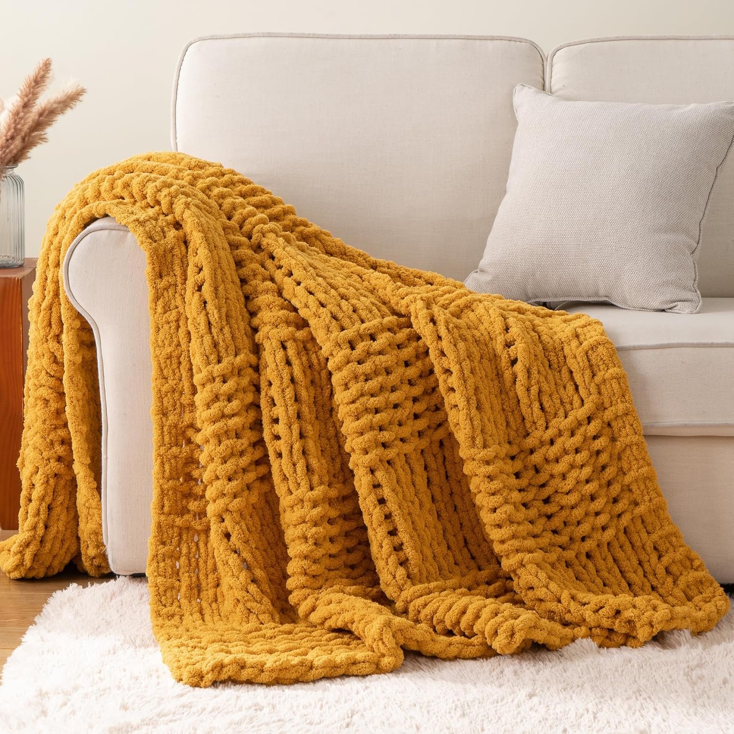 Bunnikins & Clover Mustard Yellow Throw Blanket for Couch, Chunky Knit Gold Blanket Throw with Chenille Yarn for Bed Living Room Home Decor, 50″x60″