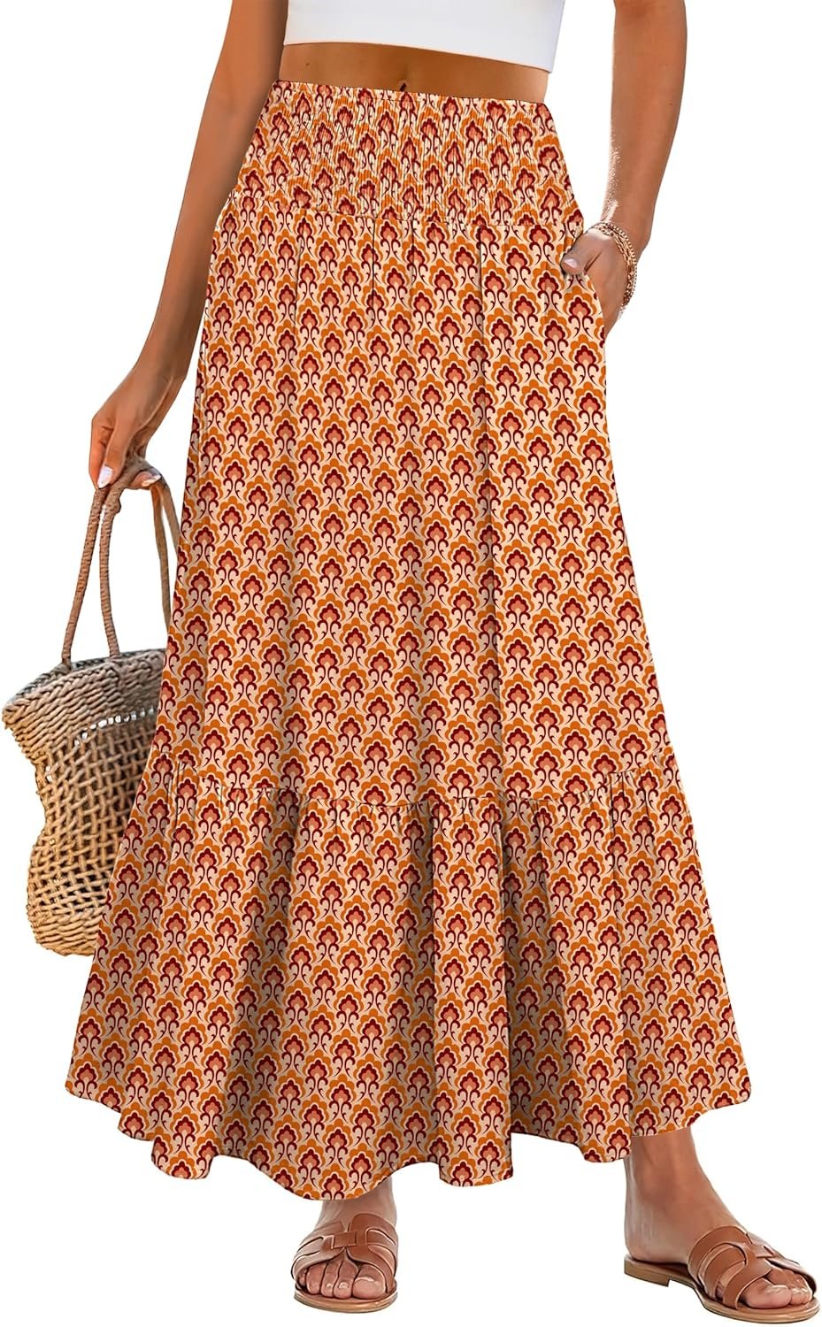 ANRABESS Women Boho Floral Maxi Skirts, High Waisted Tiered Skirt, Flowy Beach Skirts with Pockets for Vacation & Summer Wear