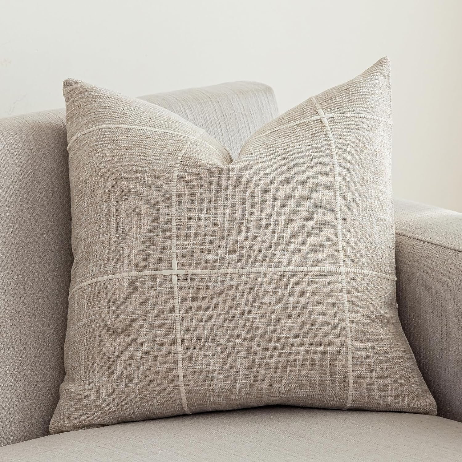 vctops Rustic Lattice Cotton Linen Decorative Throw Pillow Cover Embroidery Square Cushion Cover Pillowcase for Sofa Bedroom Couch (Plaid Coffee, 20″x20″)