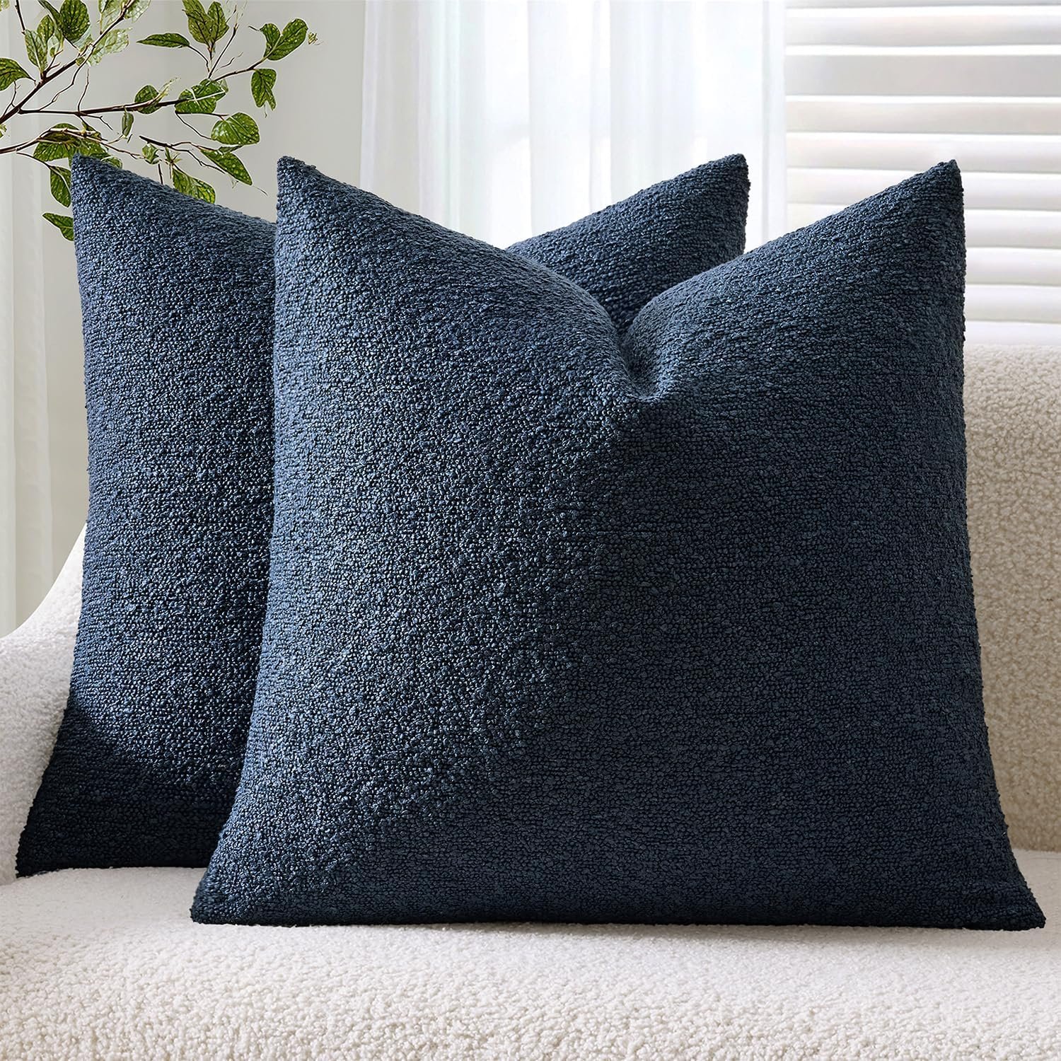 ANRODUO Pack of 2 Textured Boucle Throw Pillow Covers Soft Navy Blue Euro Decorative Accent Solid Pillow Cases Cozy Modern Couch Cushion Case for Bed Sofa Bedroom Living Room Home Decor, 24 x 24 Inch