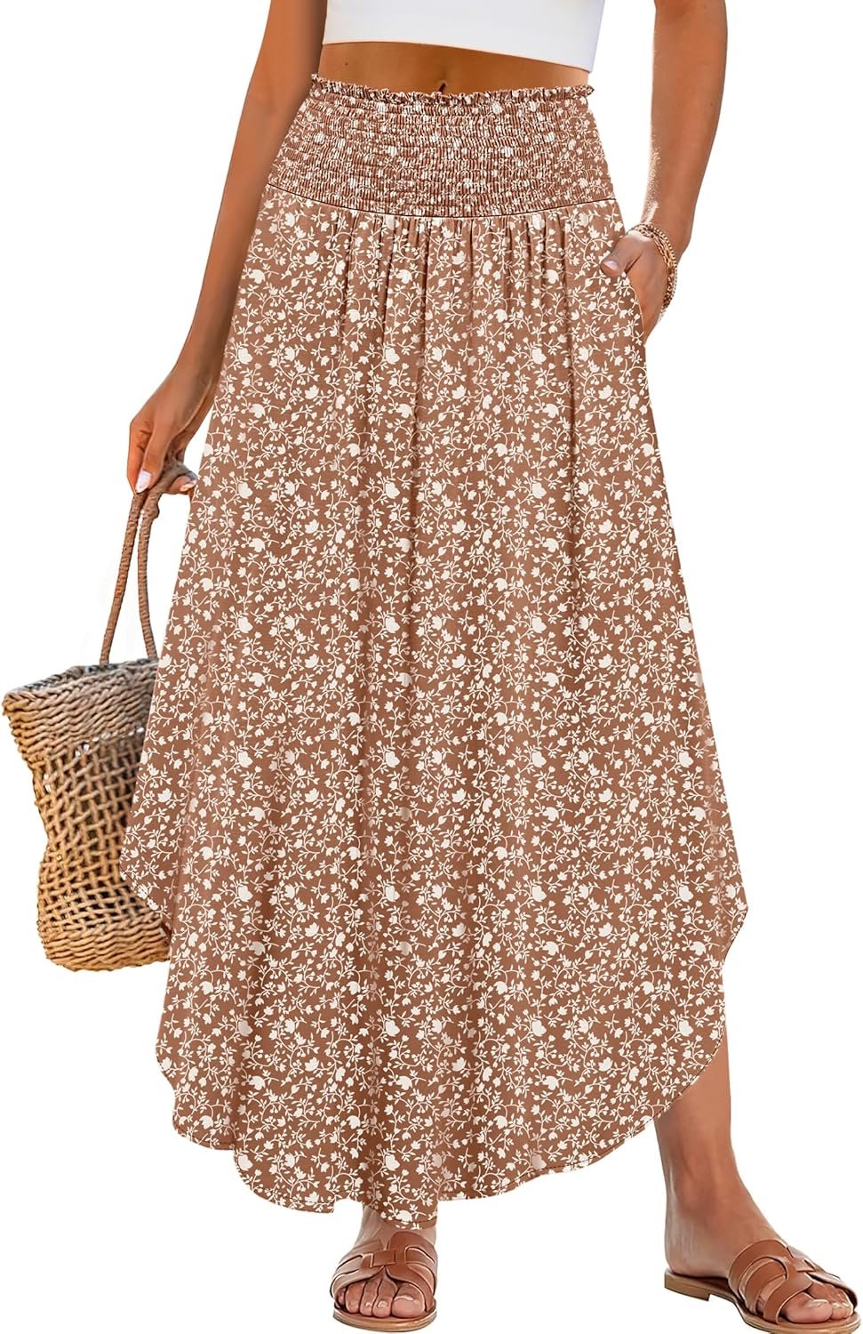 ANRABESS Women’s Maxi Skirts Summer Boho Floral High Waisted Flowy Swing Pleated Beach Long Skirt with Pockets