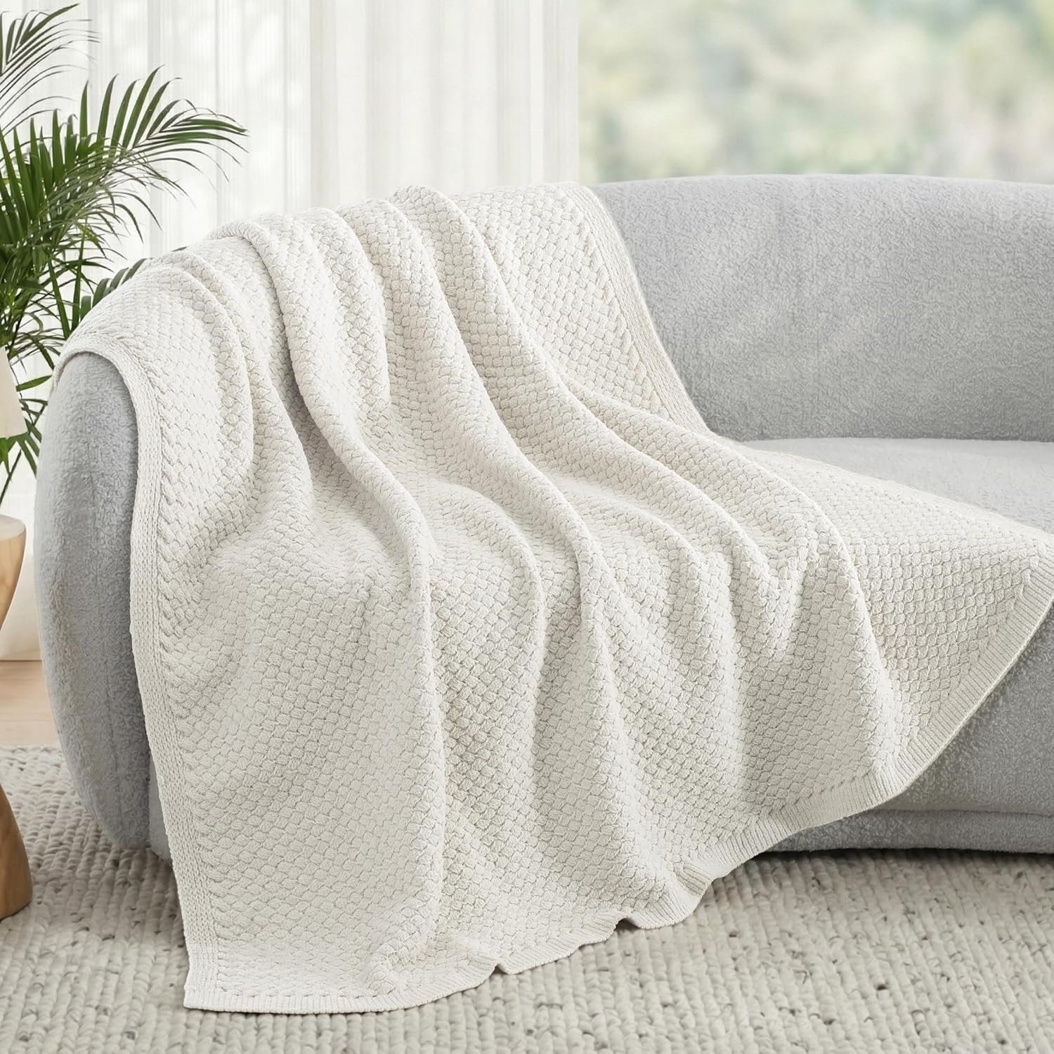 Whale Flotilla Chunky Knit Throw Blanket for Couch and Bed, Ivory Decorative Cozy Fleece Blanket, Reversible Soft Fuzzy Woven Throws, 50×60 Inch