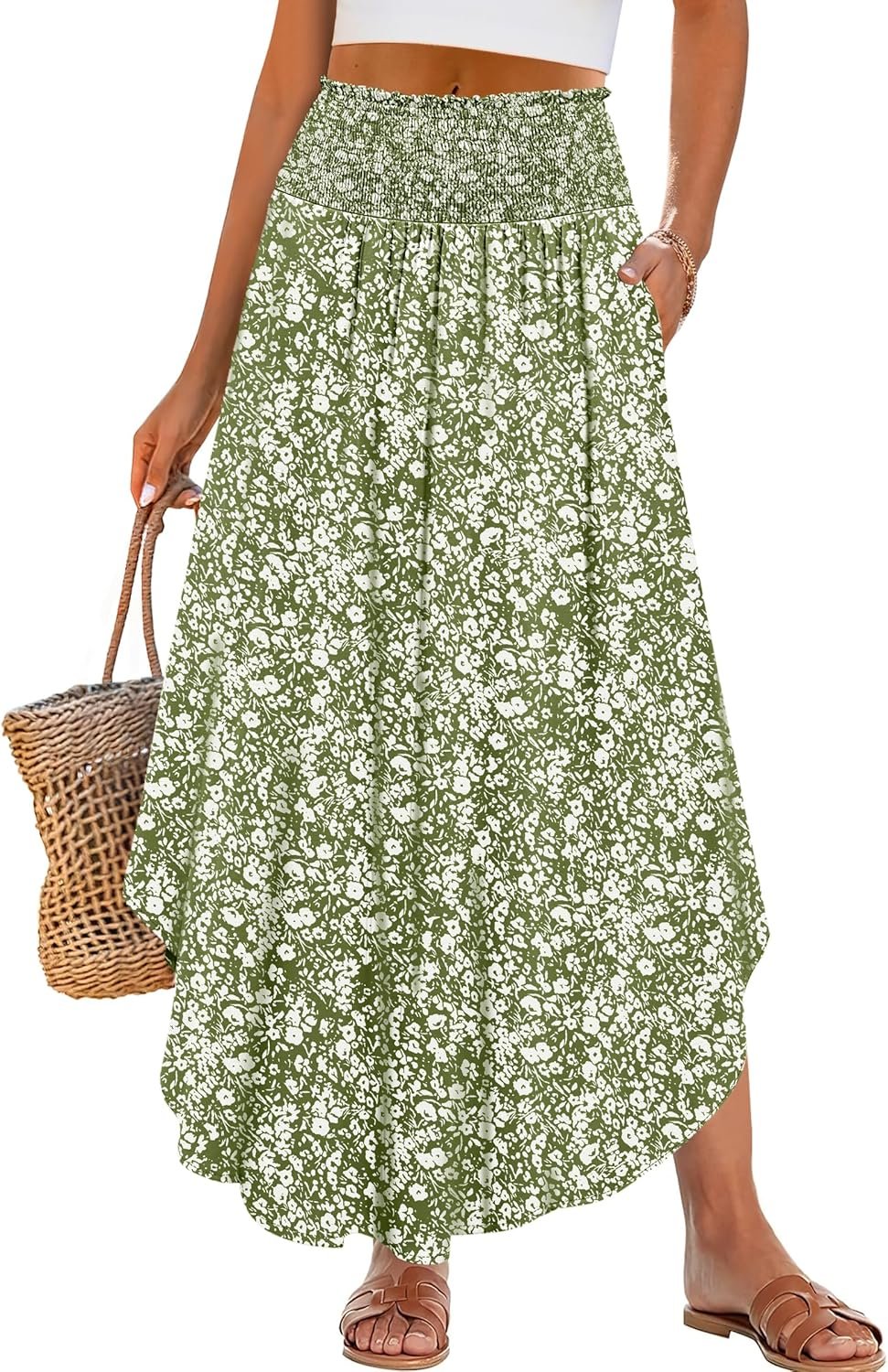 ANRABESS Women’s Maxi Skirts Summer Boho Floral High Waisted Flowy Swing Pleated Beach Long Skirt with Pockets