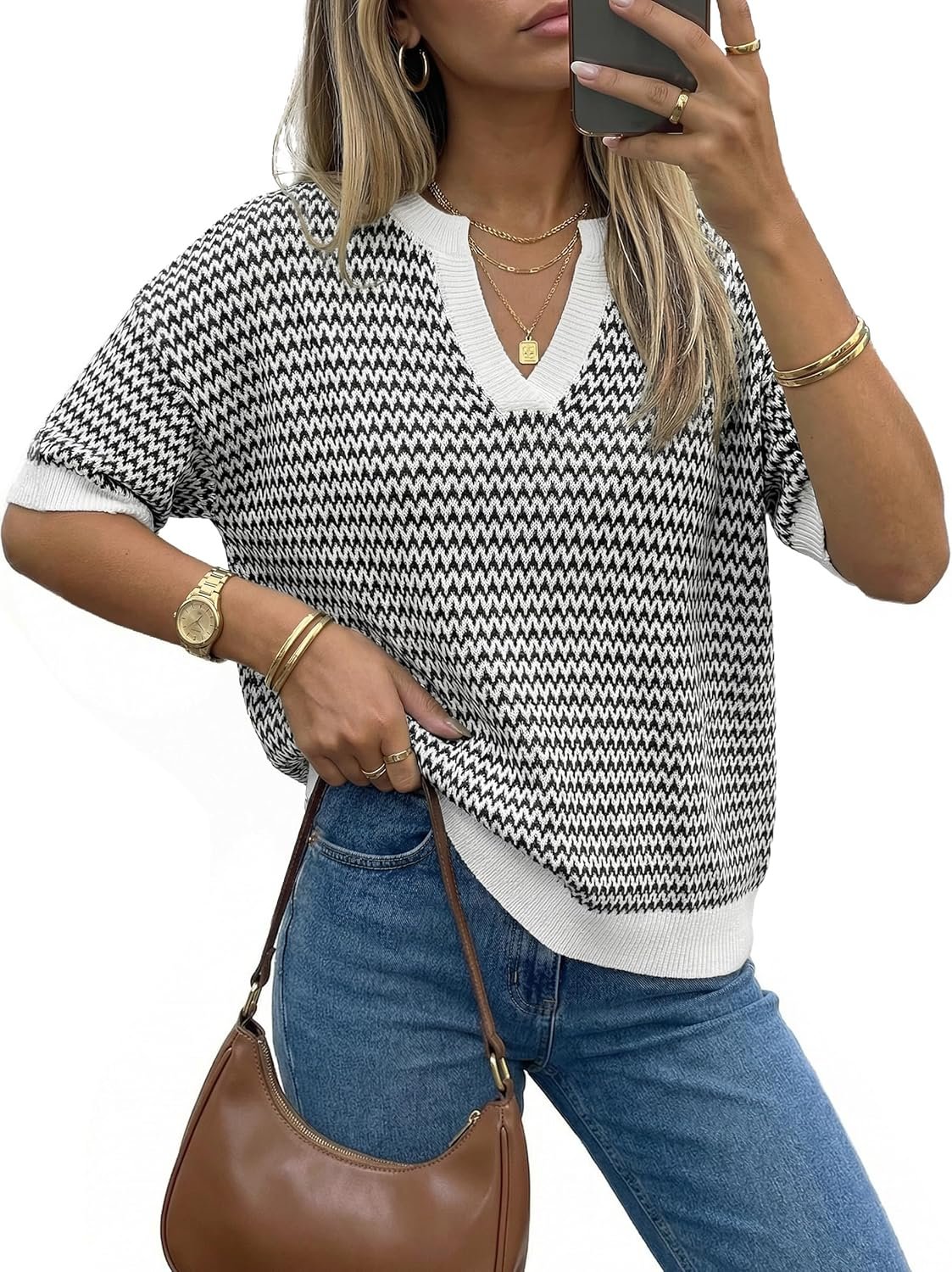 Arach&Cloz Women’s 100% Cotton Polo V Neck Striped Short Sleeve Spring Casual Pullover Sweaters 2026