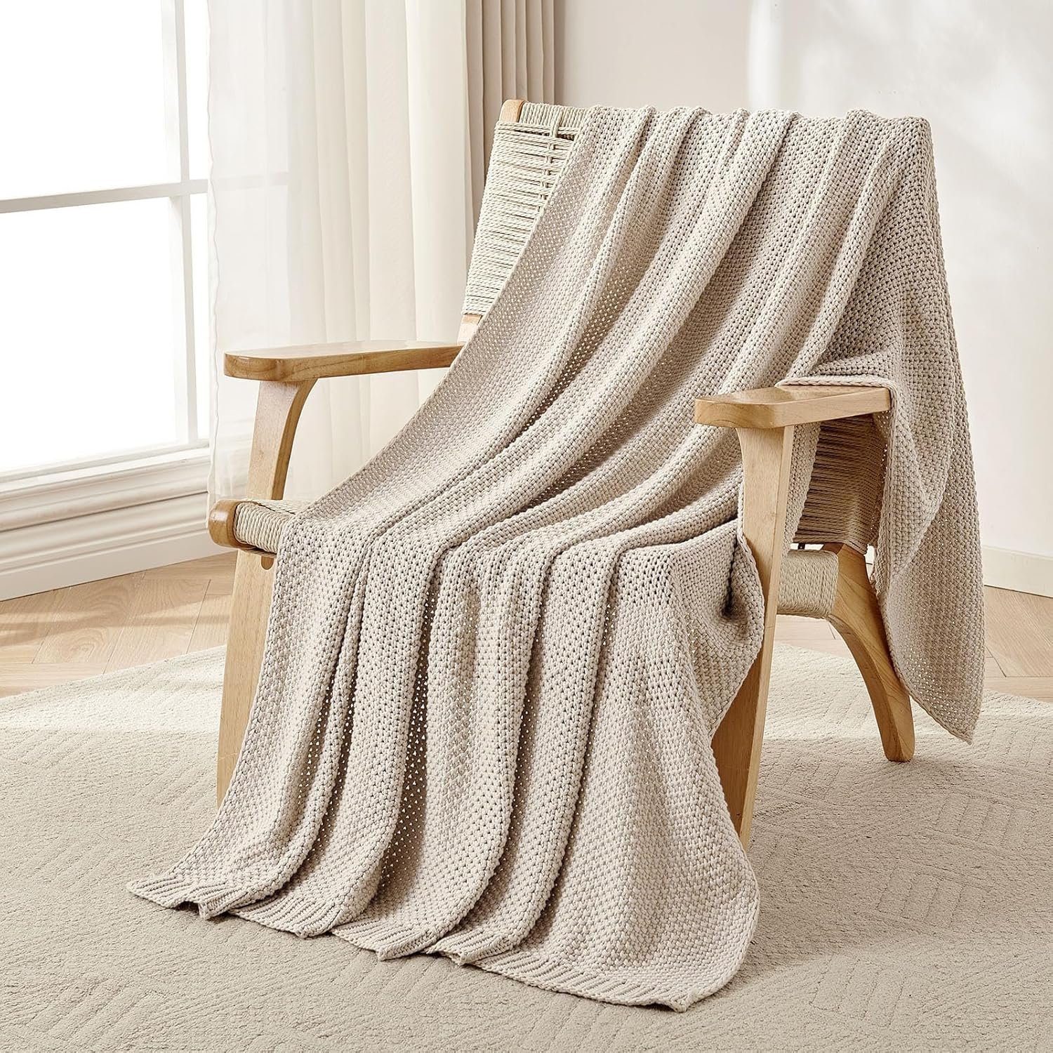 Joydeco Chunky Cable Knit Throw Blanket, Lightweight 100% Organic Cotton Soft Cozy Throw Twin Blanket for Couch Bed and Sofa, Rustic Breathable Farmhouse Blanket Gift for Women Men(Beige, 51″x63″)