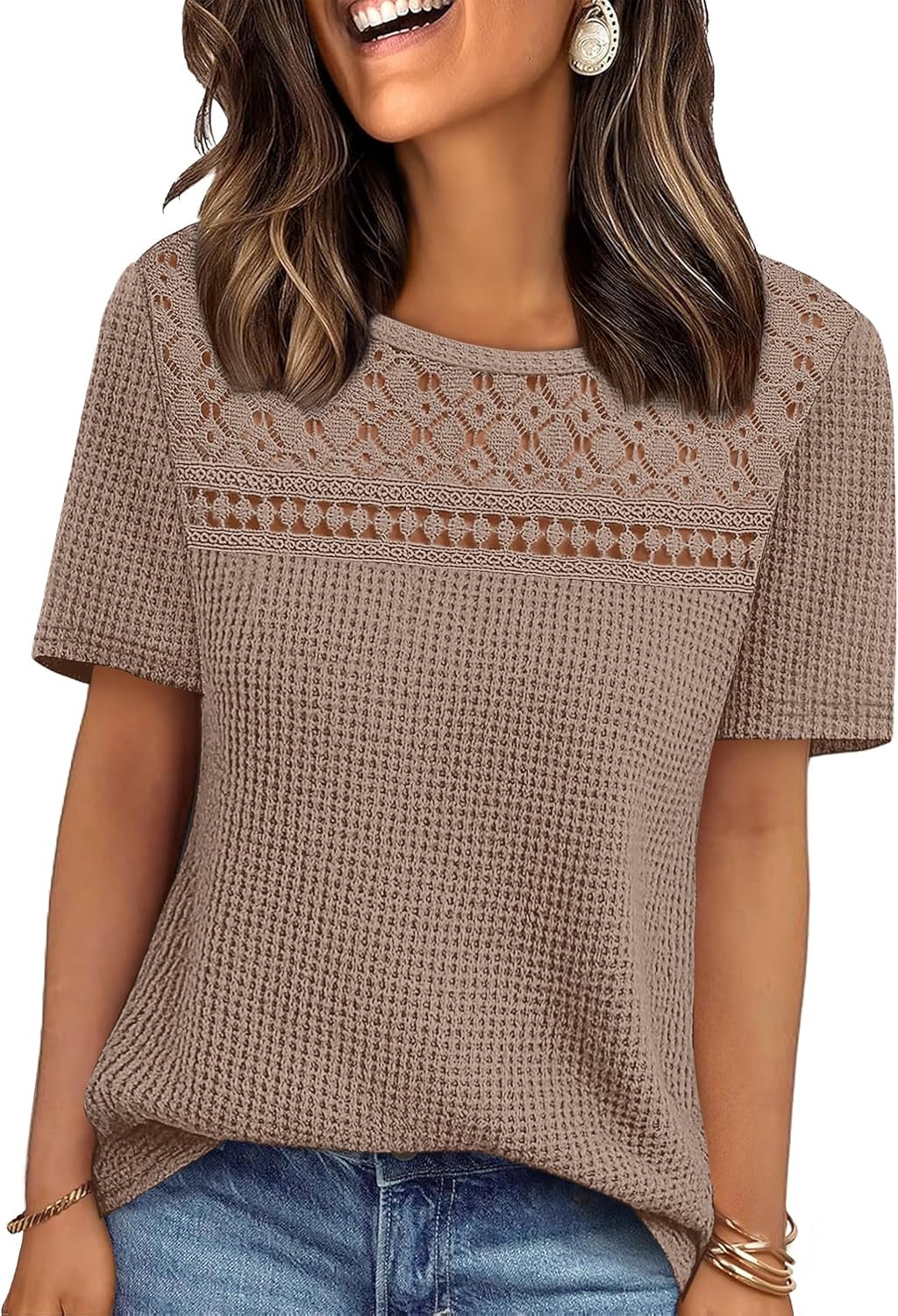 OFEEFAN Womens Tops Dressy Casual Short Sleeve Shirts Boho Crochet Lace Waffle Knit Plus Size Fashion Clothing