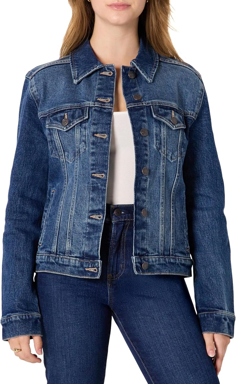 Amazon Essentials Women’s Women’s Low Stretch Denim Regular-Fit Button-Front Trucker Jacket, Stone Dark Wash, M