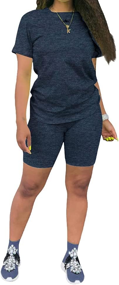 KINIKO Women’s 2 Piece Casual Fashion Sports Solid Color Suit short Sleeve top and Pants Set Sweatshirt