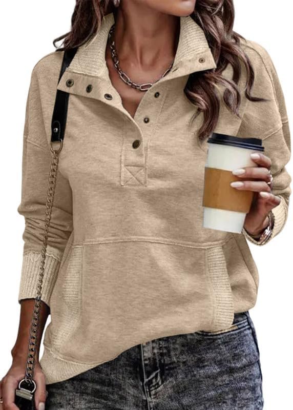 SHEWIN Women’s Casual Long Sleeve Stand Neck Sweatshirt Lightweight Button Drawstring Pullover Tops | Long Sleeve, V Neck, Button , Stand Neck, Lightweight , Clothes, Plus SIze, 2026