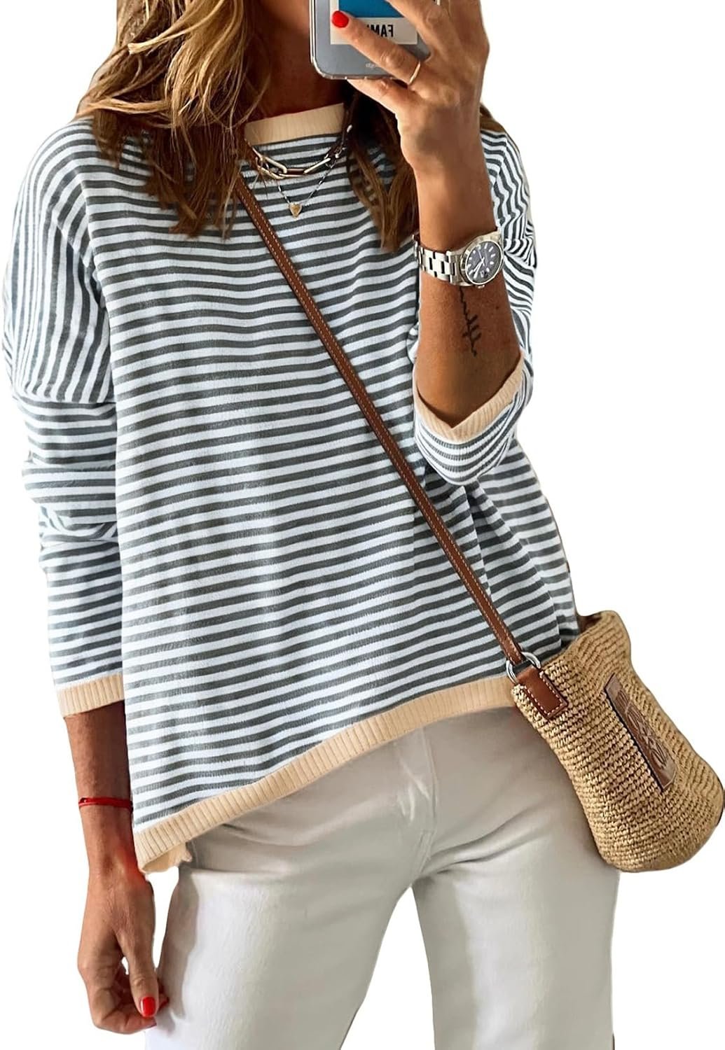 Dokotoo Women’s Long Sleeve Sweaters Casual Crewneck Fashion Fall Striped Color Block Shirts High Low Pullover Sweater Tops