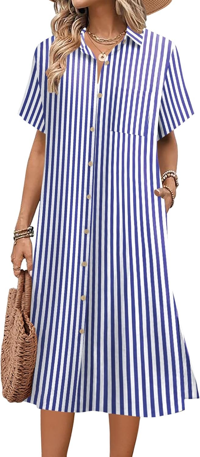 HOTOUCH Womens Dress Summer Casual Midi Short Sleeve Button Down Shirt Dresses Loose Beach Cover Up with Pockets