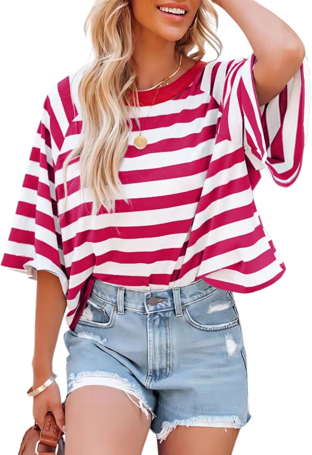 Dokotoo Tops for Women Striped 2026 Fashion T Shirts for Women Color Block Crewneck Design Loose Basic Tee