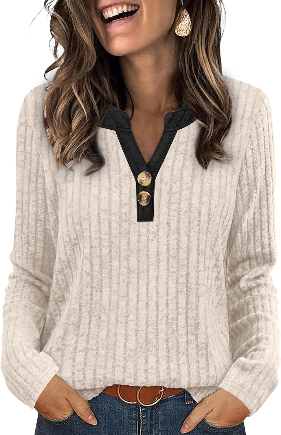 SAMPEEL Womens Sweaters Lightweight Long Sleeve Shirts V Neck Tops with Button Fall Outfits 2025