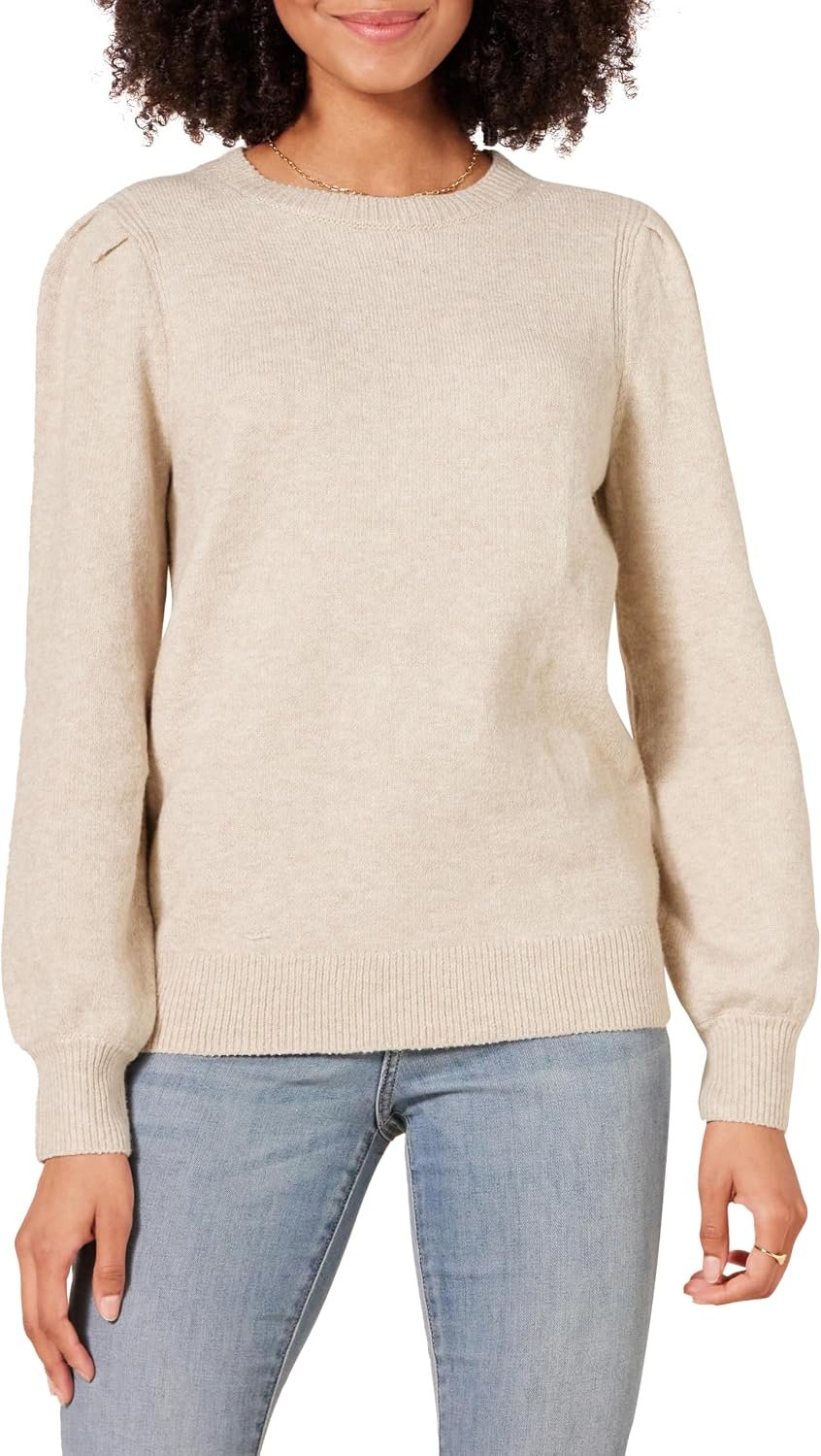Amazon Essentials Women’s Relaxed-Fit Soft Touch Long Sleeve Pleated Shoulder Crewneck Sweater