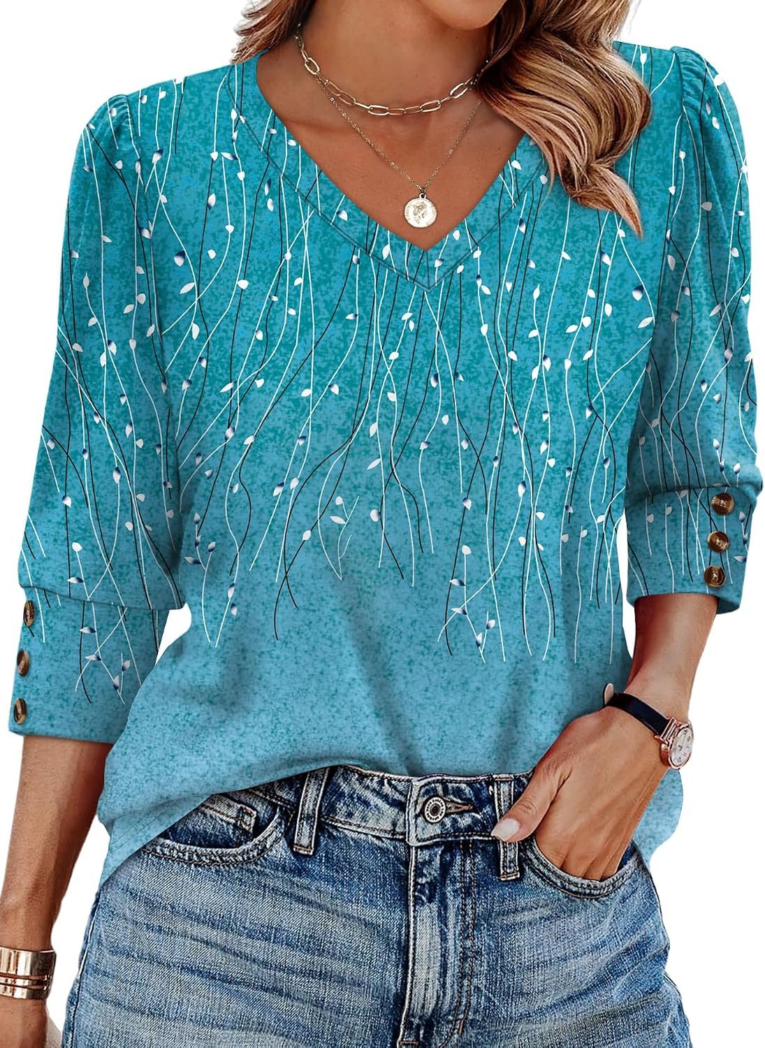XIEERDUO Womens 3/4 Sleeve Tops with Buttons V-Neck Summer Outfits Casual Blouses Shirts Beach Vacation Fall Clothes 2026